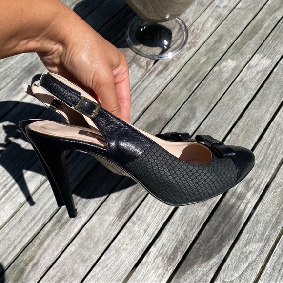 🖤 TANCA BLACK LEATHER BOW DETAIL ROUND TOE OPEN HEEL CLASSIC HEELS! - Picture 15 of 16